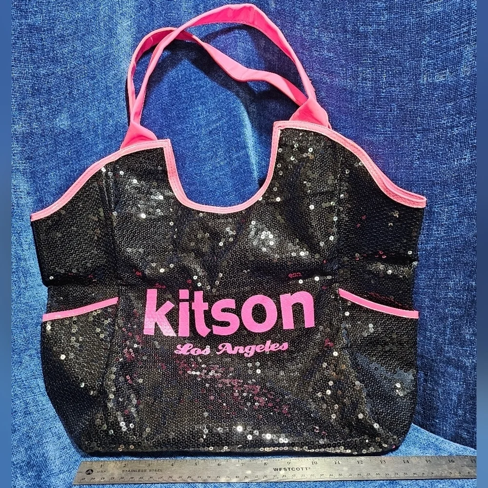 Y2K Kitson Los Angeles Black and Pink Patent Sequin Tote Shoulder Bag